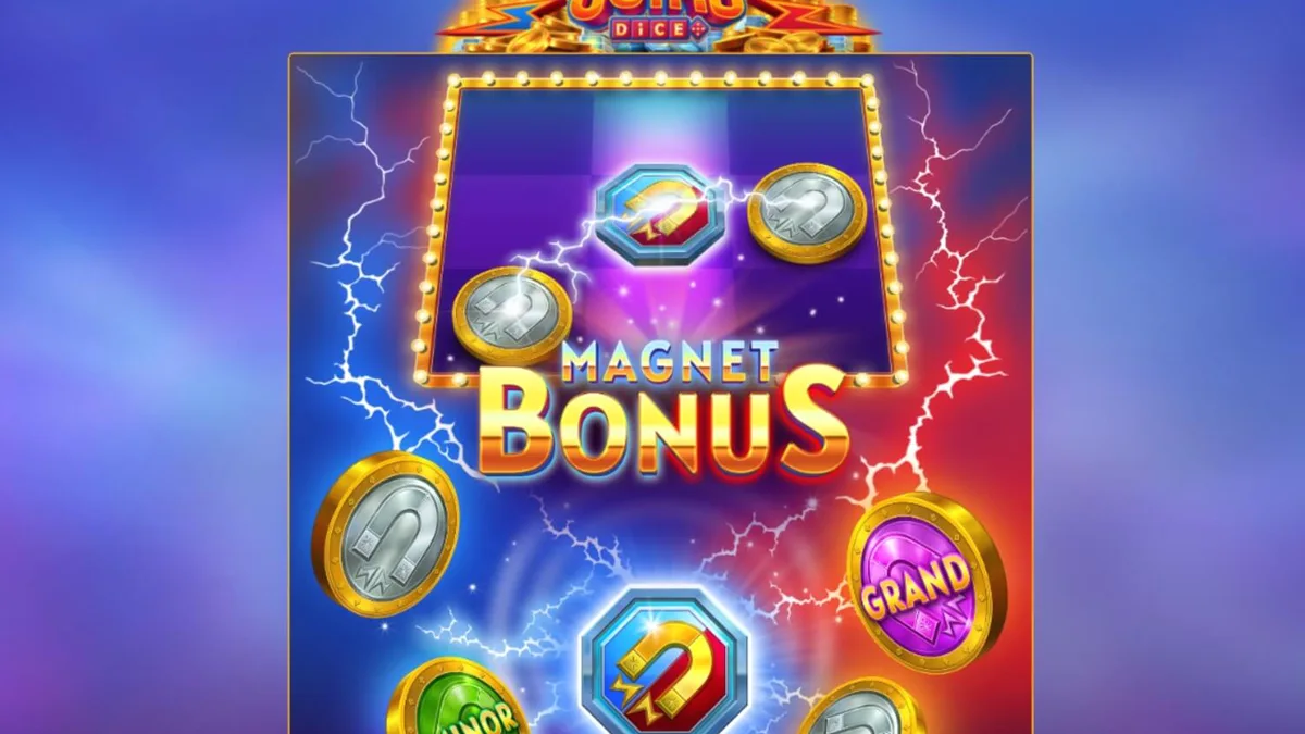 Magnetic Coins Dice slot game interface na may mga kumikinang na barya at magnet symbols.