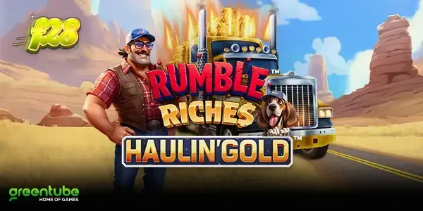 Isang makulay na visual ng Rumble Riches Haulin Gold slot na may mga truck at gintong elemento.